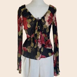 Vintage 90s/ 00s Black & Red Floral Frilly Top with Bell Sleeves Size Medium